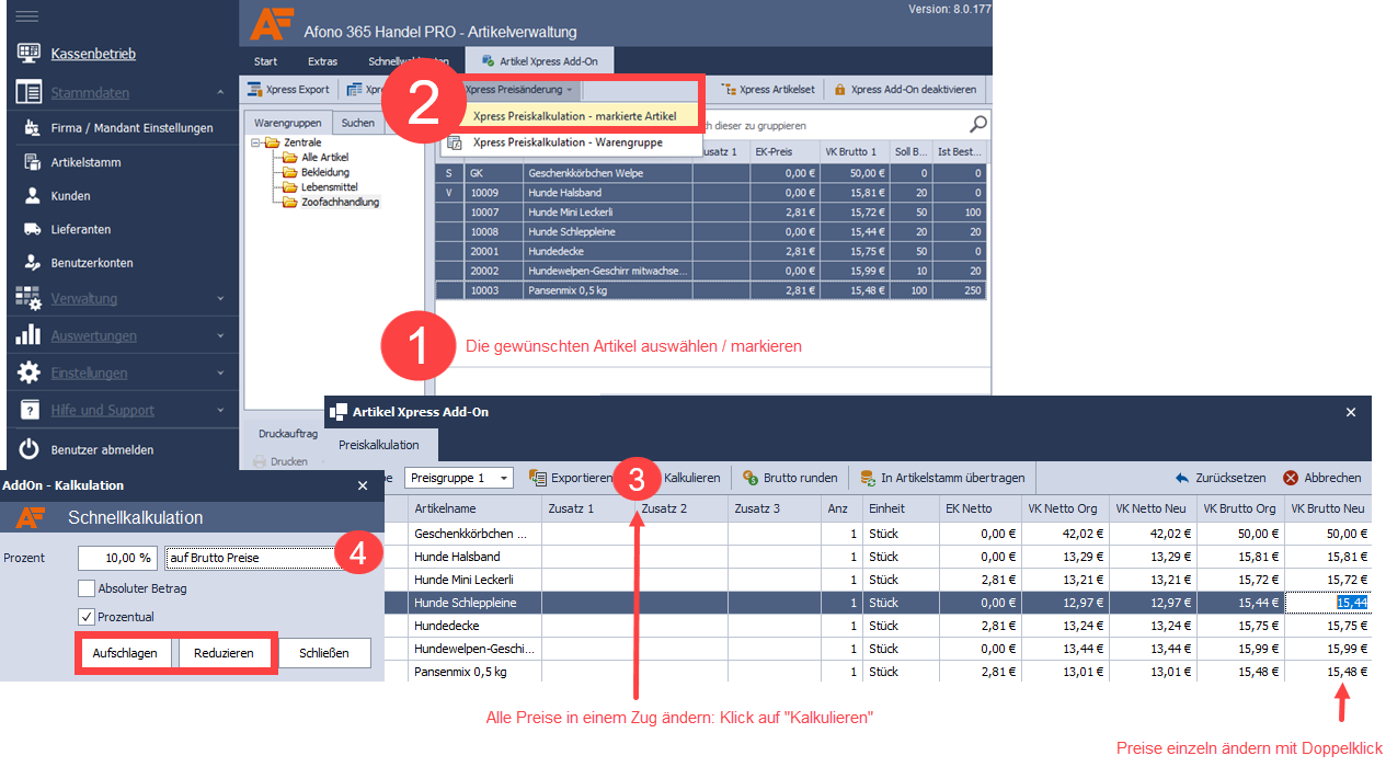 Wie kalkuliere ich Preise mit dem Xpress Add-On