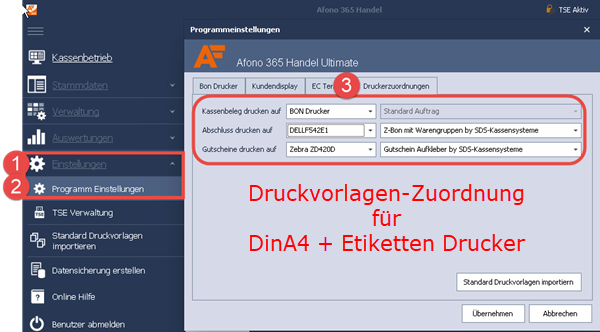Druckvorlagen-Zuordung für DinA4 + Etikettendrucker