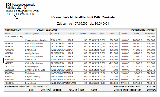 Kassenbericht mit EAN