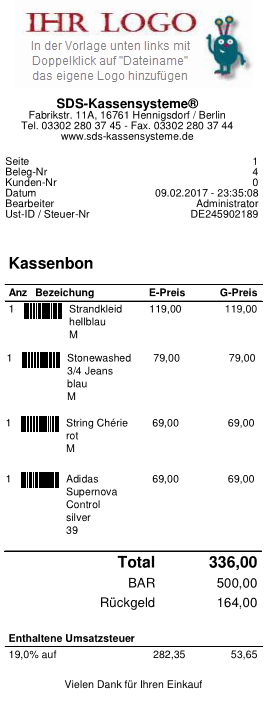 Kassenbon Druckvorlage mit Barcode