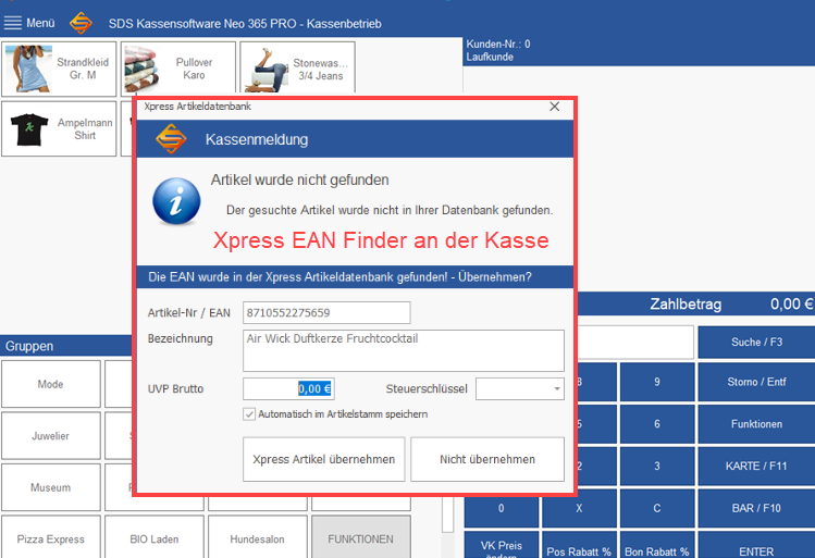 SDS Kassensoftware Neo Xpress EAN Finder an der Kasse