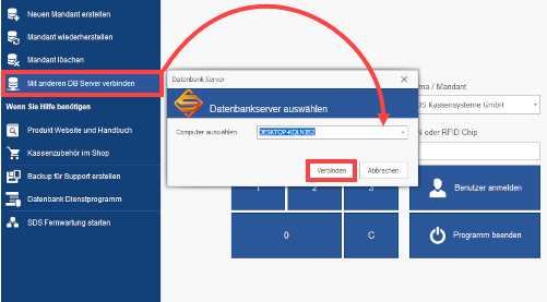 SDS Kassensoftware gemeinsame Datenbank im Netzwerk auswählen