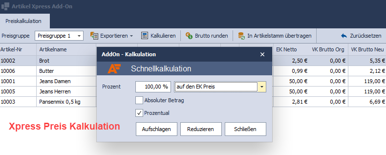 Xpress Preiskalkulation