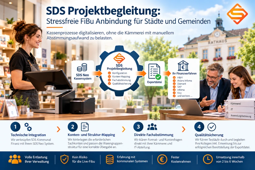 SDS Projektbegleitung für Kommunen: Anbindung des SDS Neo Kassensystems an die Finanzbuchhaltung und kommunale Finanzverfahren.