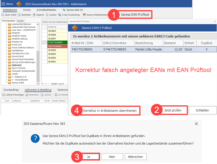 SDS Kassensoftware Neo automatische Korrektur falsch angelegter EANs