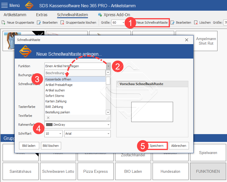 SDS Kassensoftware Neo - Funktion auf Schnellwahltaste legen