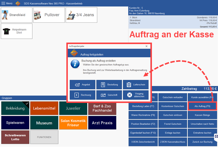 Aufträge in dere SDS Neo an der Kasse erzeugen