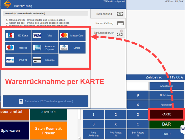 Warenrücknahme per Karte in der SDS Neo
