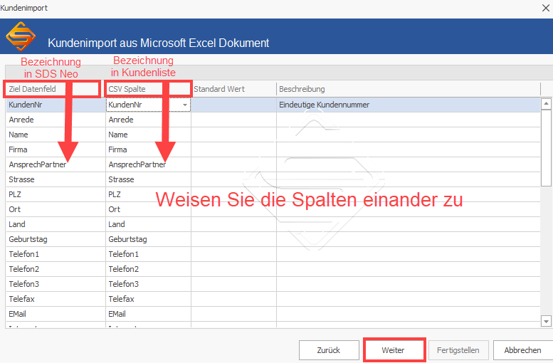 SDS Neo Kunden Import Spalten zuweisen