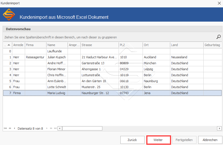 SDS Neo Vorschau des Kundenimports