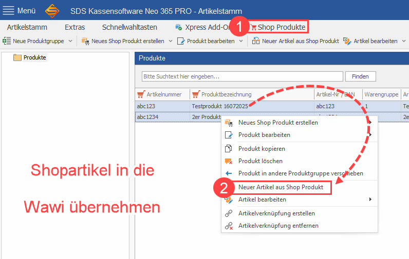 Wie übernehme ich Shopartikel in die SDS Neo