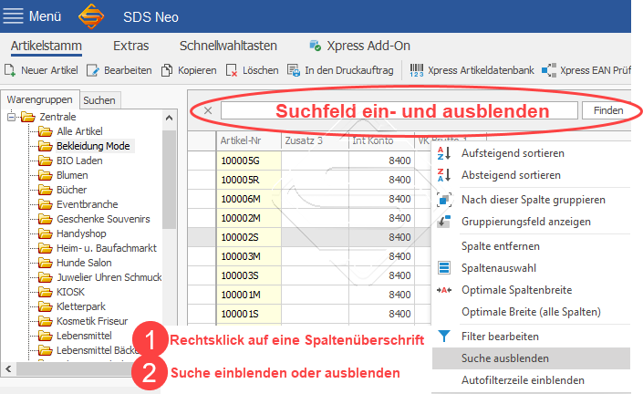 SDS-Kasse-Suchoption